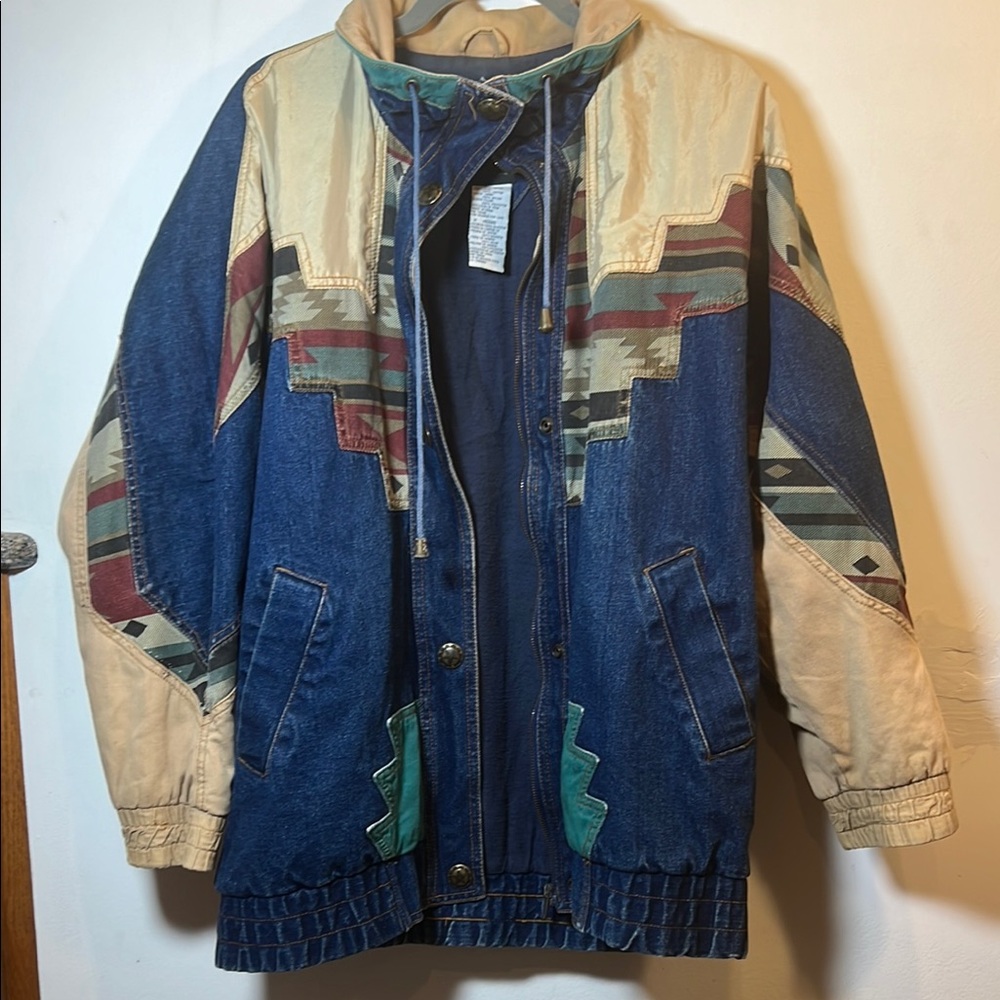 Vintage 80s 90s Weathered Blues Denim Jean Jacket Aztec Retro Medium